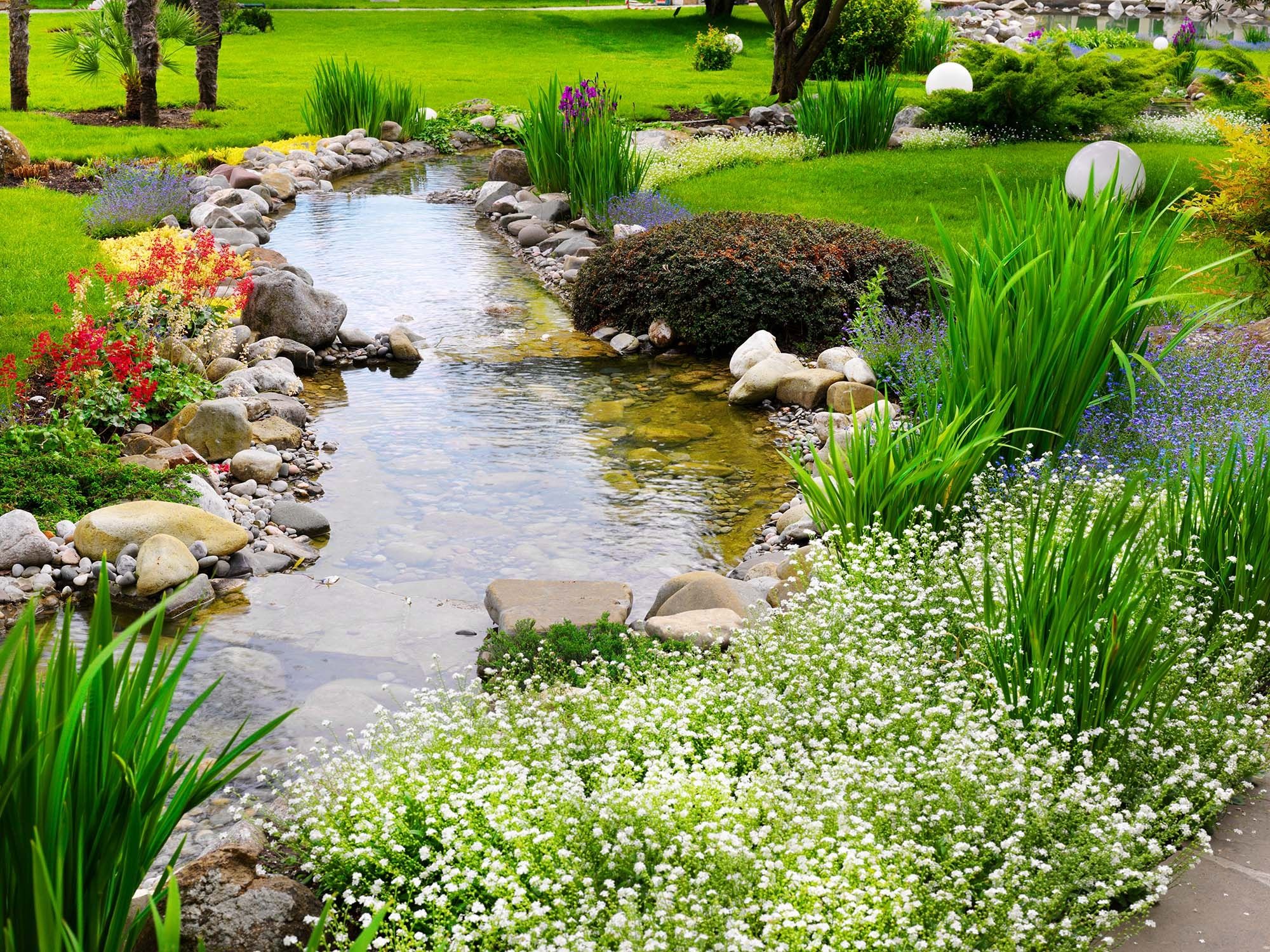 Ein Garten mit einem kleinen Bach und bunten Blumen, der eine friedliche und einladende Atmosphäre schafft.